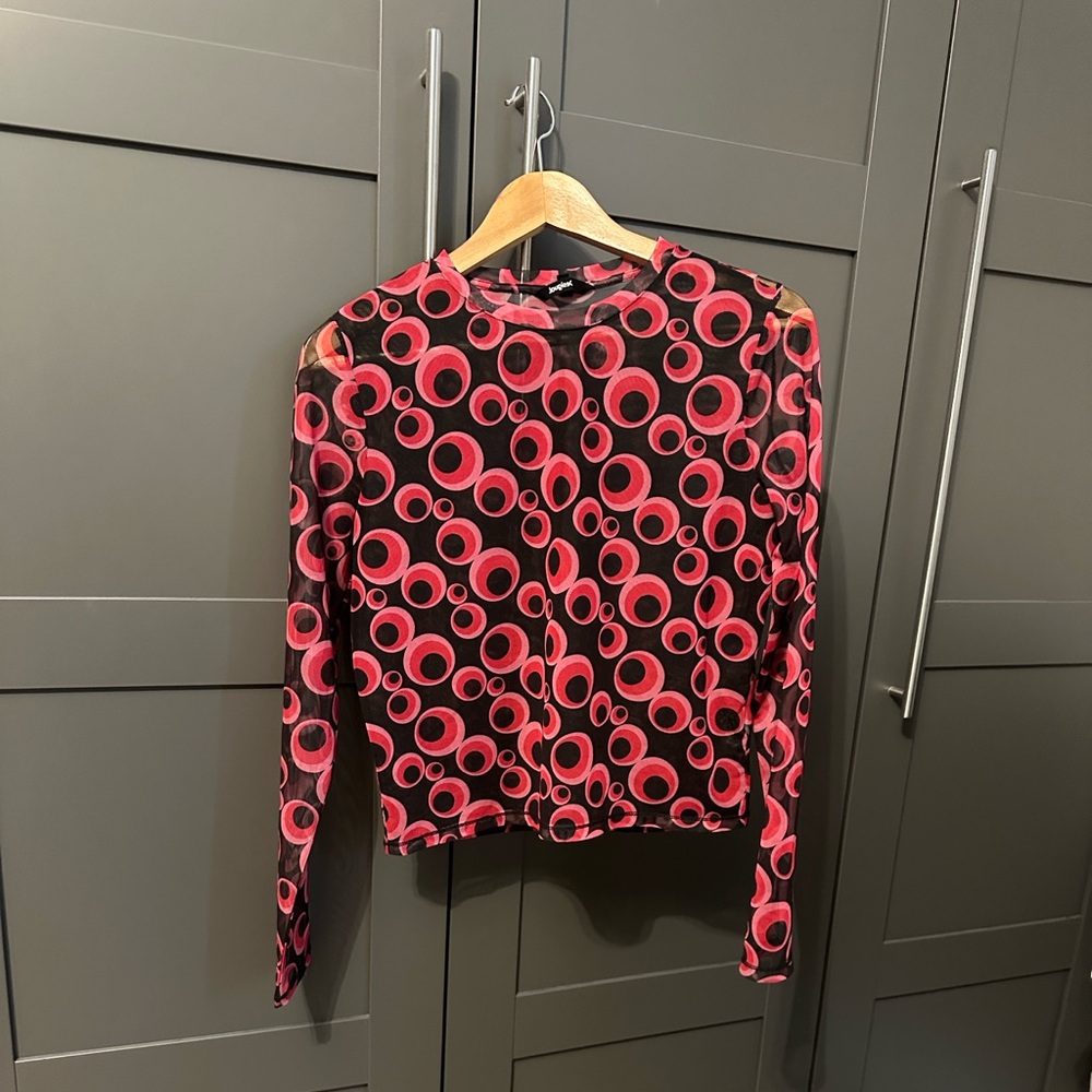 Desigual Black Sheer Long-Sleeve Top with Red Circle Print